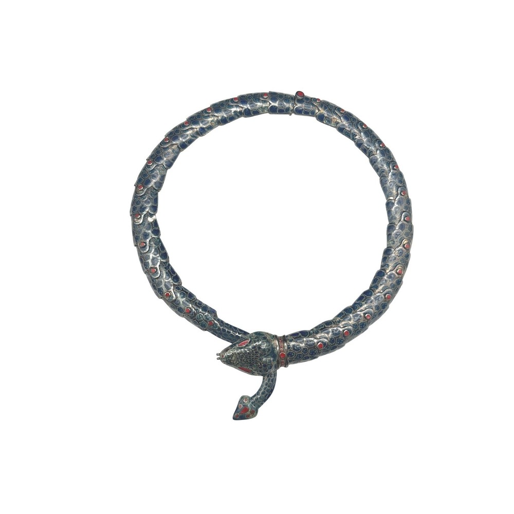 Margot de Taxco Mexico 925 Sterling Blue Enamel Snake Serpent Choker Necklace